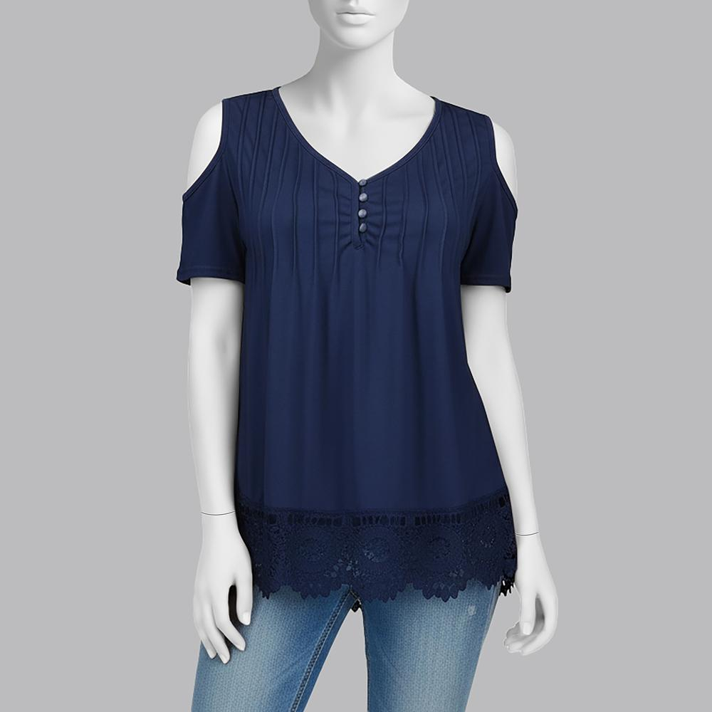 بلوز آستین کوتاه یقه هفت زنانه مدل نخی مدل لبه گیپور  رنگ سرمه‌ای